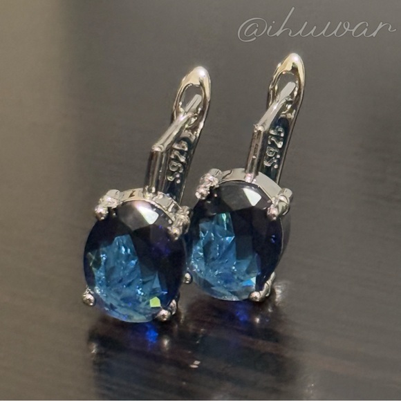 Oval Blue Diamond  925 Sterling Sliver earrings - Picture 9 of 12